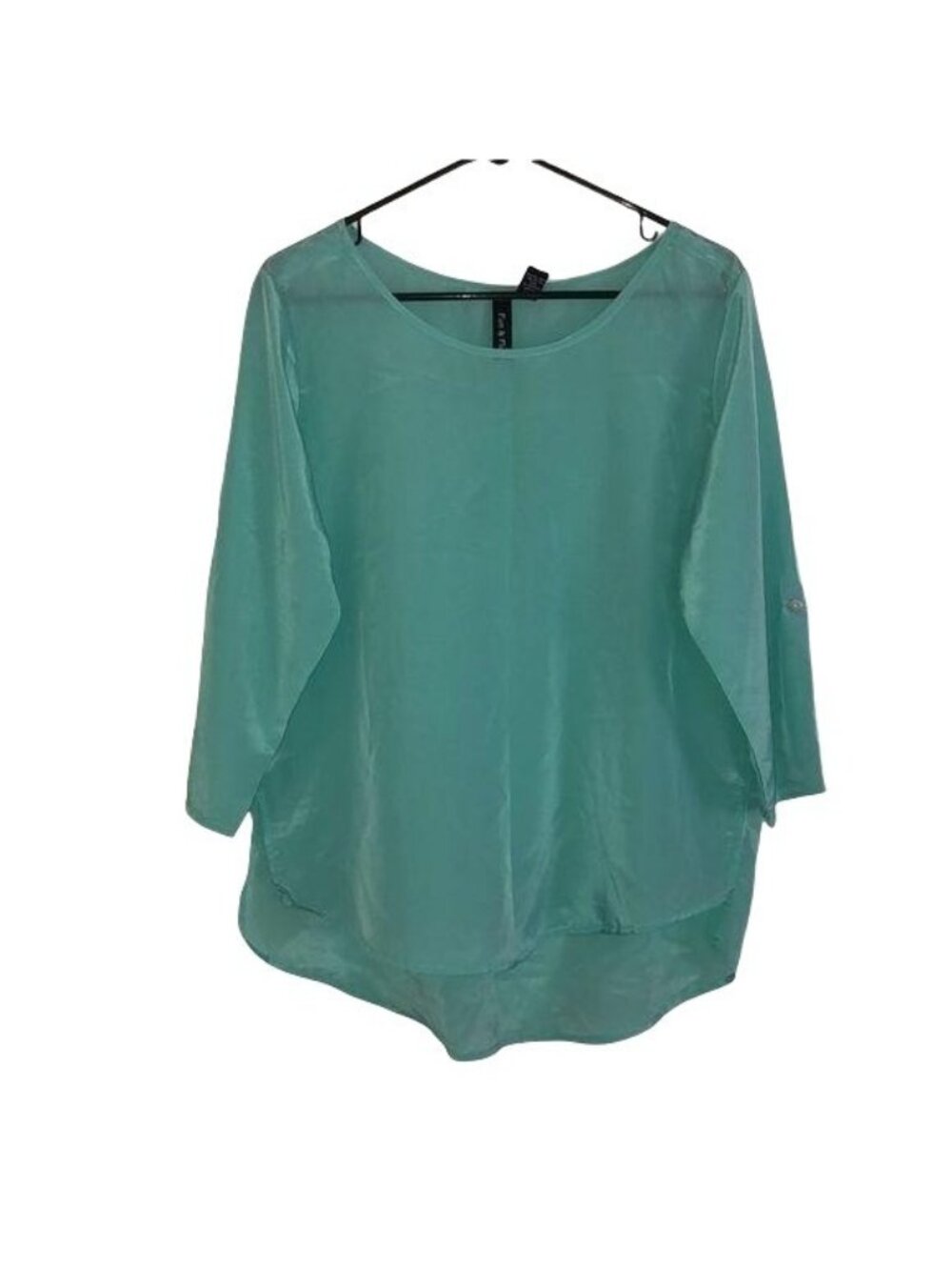 Fun & Flirt Womens Pale Aqua 3/4 Sleeve Button Tab Sheer Tunic Top Size L